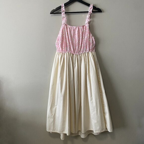 Handmade Plus Size Cotton Pink Cream Floral Elastic Straps Patch Pockets Dress - Picture 2 of 11